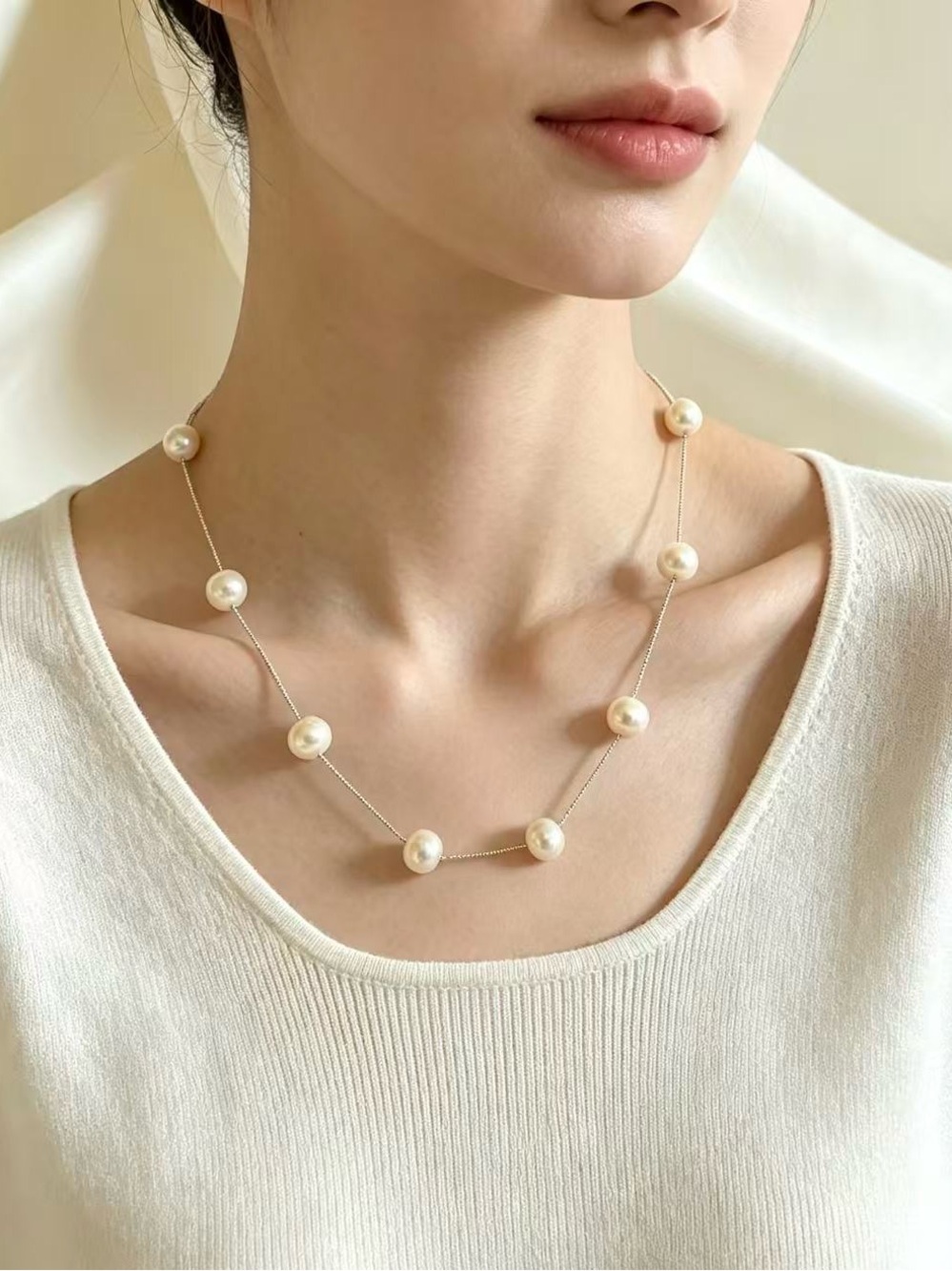 Elegant Pearl Station Necklace - Silver Chain, White Pearls